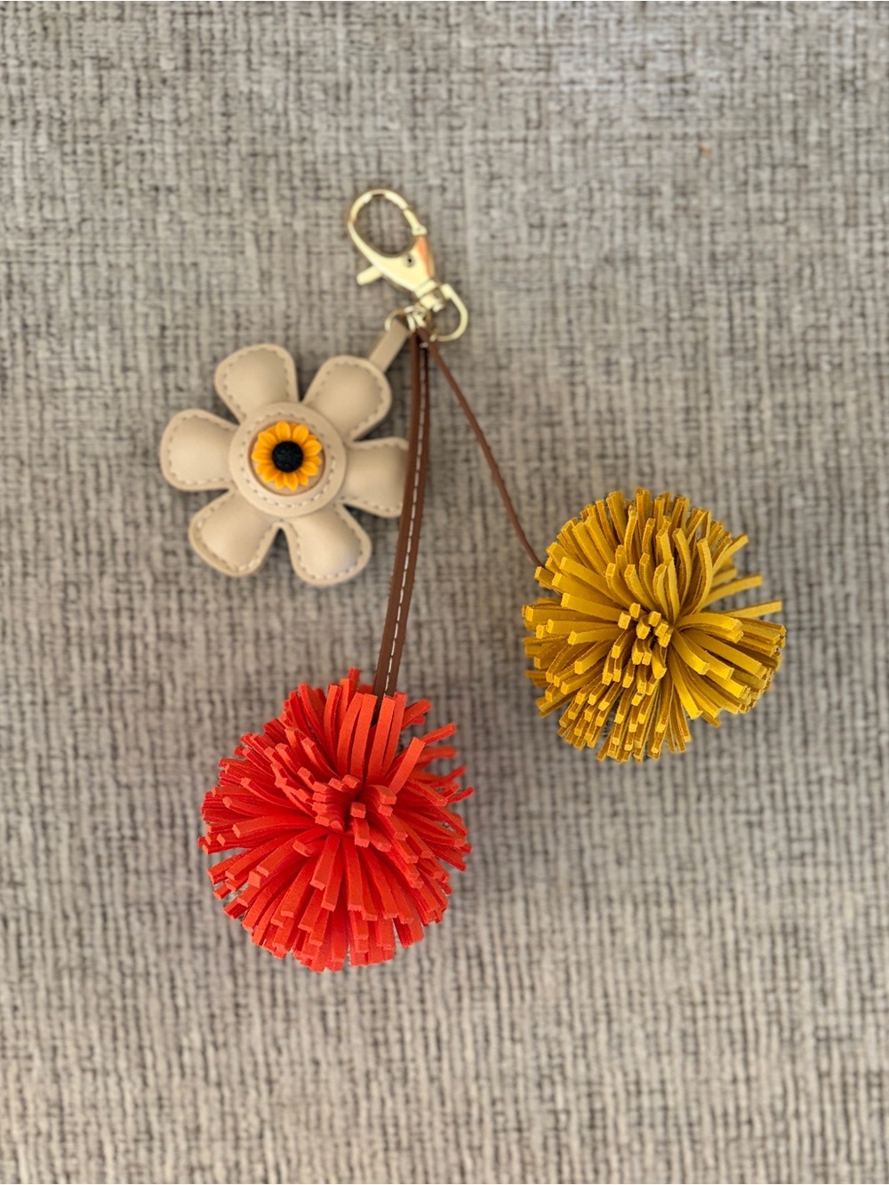 Floral Pom Pom Bag Charm - Red, Mustard & Cream